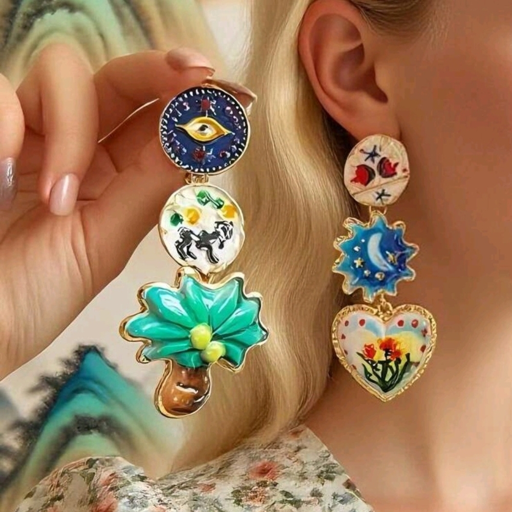 Unique Asymmetrical Colorful Enamel Dangle Drop Earrings New!